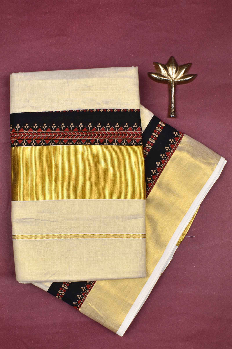 Off White Kerala Tissue Cotton Ajrakh Printed Gold Border Saree