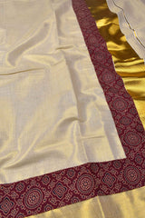 Off White Pure Kerala Cotton Maroon Ajrakh Printed Golden Border Saree