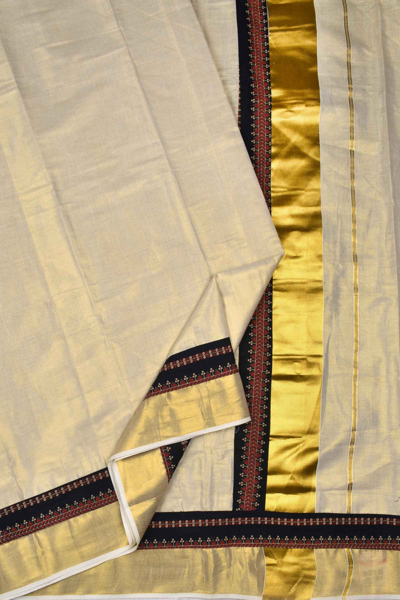 Off White Kerala Tissue Cotton Ajrakh Printed Gold Border Saree