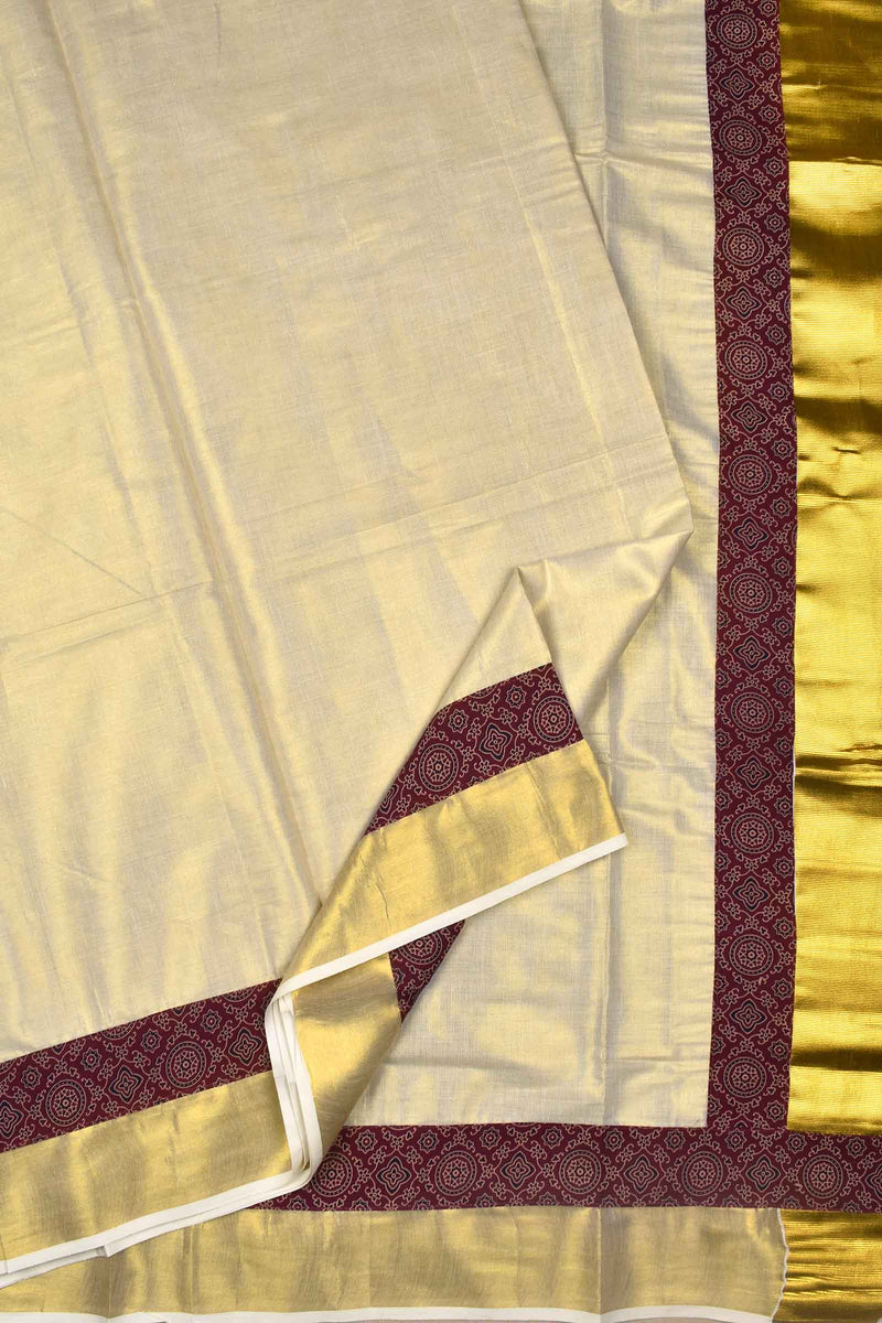 Off White Pure Kerala Cotton Maroon Ajrakh Printed Golden Border Saree