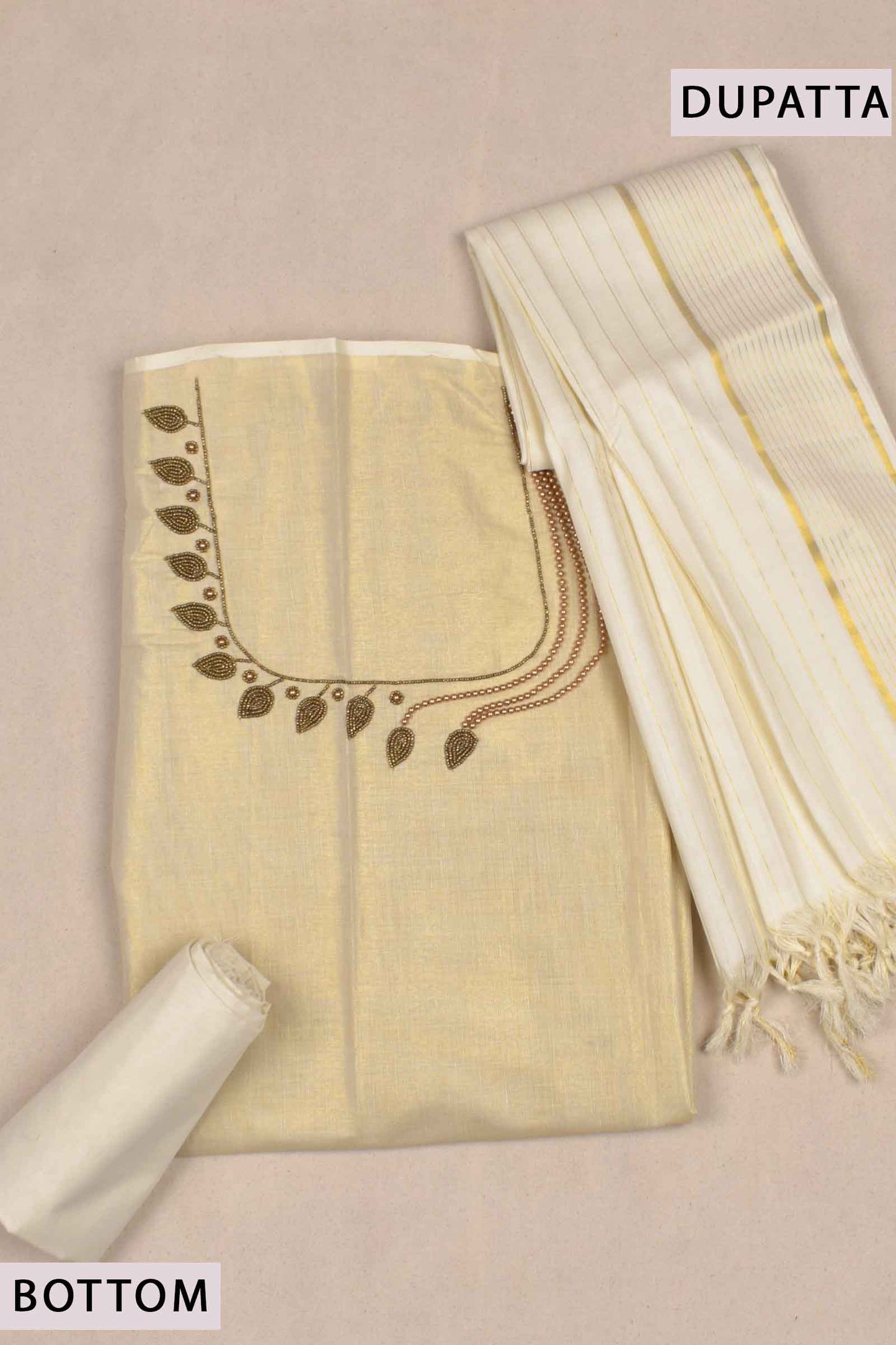 Off White Kerala Tissue Cotton Chudithar Material Aari Work Top Plain Bottom Golden Lines Dupatta Suit