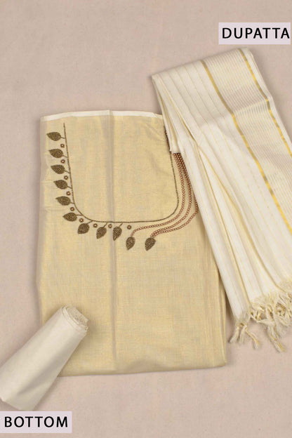 Off White Kerala Tissue Cotton Chudithar Material Aari Work Top Plain Bottom Golden Lines Dupatta Suit