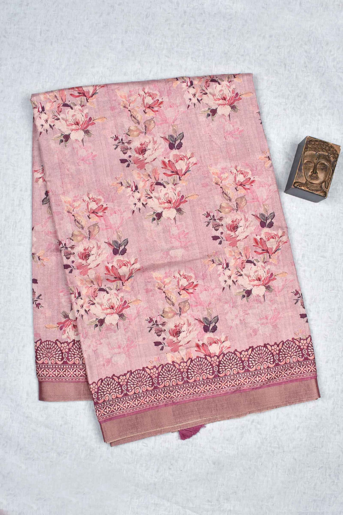 Pink Semi Tussar Floral Bouquet Print  Fancy Border Saree