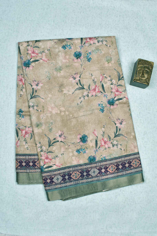 Light Beige Semi Tussar Floral Garden Printed Blouse Saree