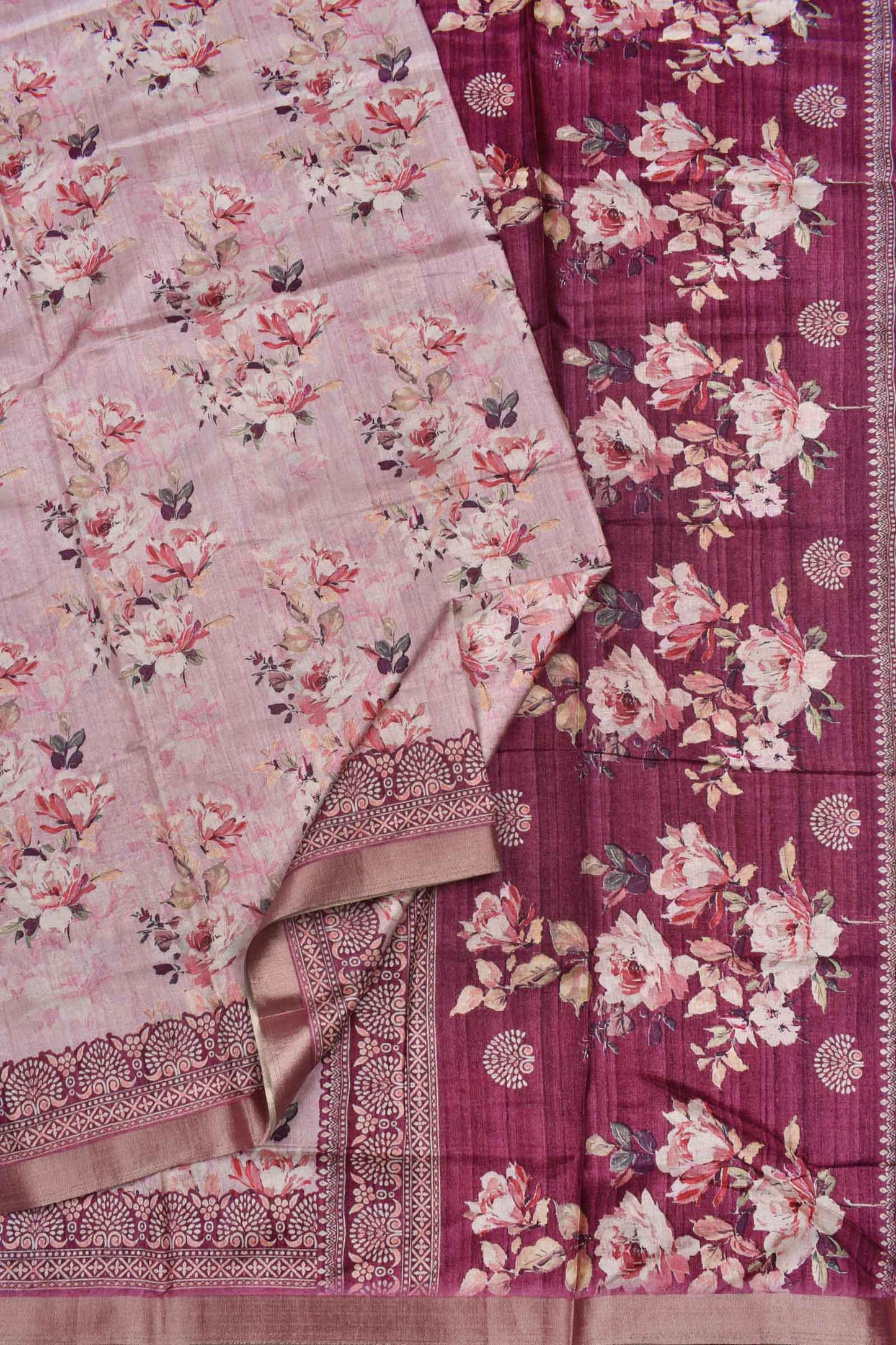 Pink Semi Tussar Floral Bouquet Print  Fancy Border Saree