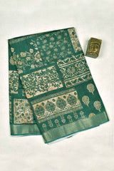 Green With Sandal Printed Cotton Mughal Floral Frames Fancy Saree