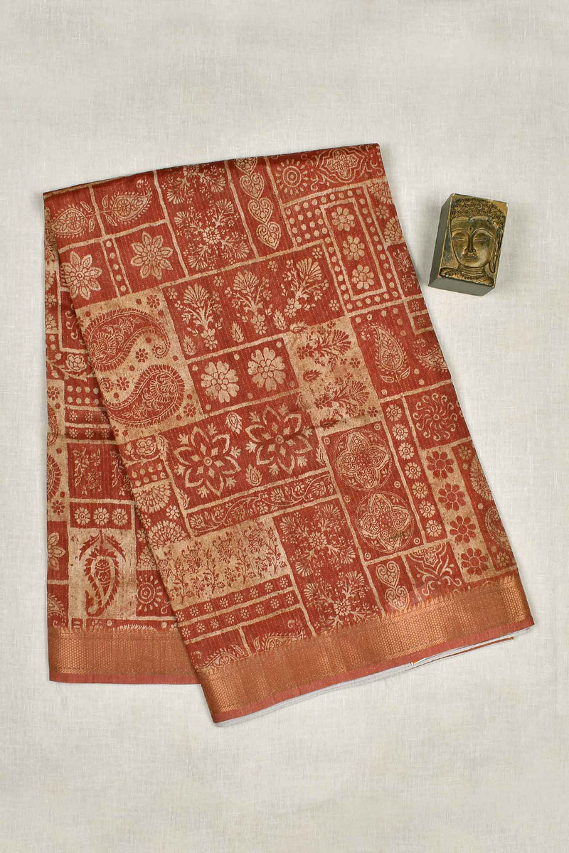 Brown With Sandal Printed Cotton Mughal Floral Frames Fancy Saree