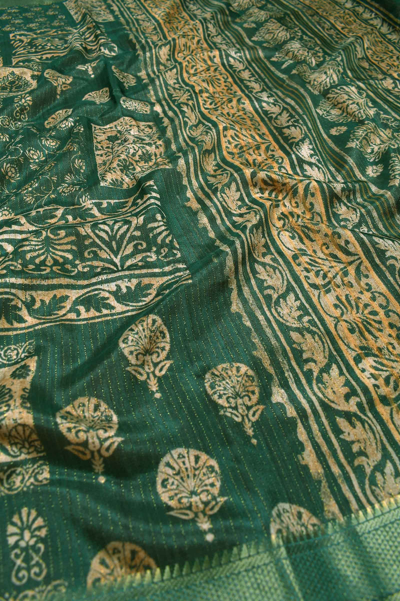 Green With Sandal Printed Cotton Mughal Floral Frames Fancy Saree