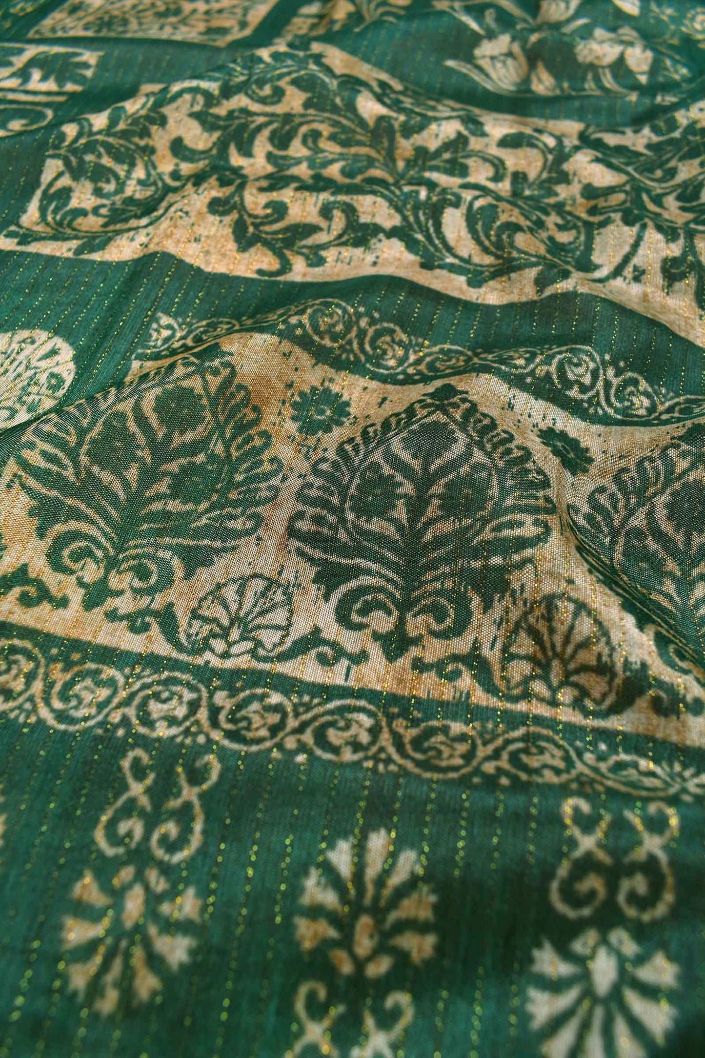 Green With Sandal Printed Cotton Mughal Floral Frames Fancy Saree