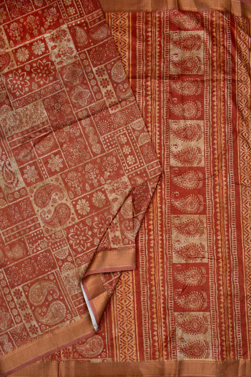 Brown With Sandal Printed Cotton Mughal Floral Frames Fancy Saree