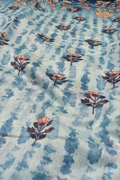 Light Blue Semi Chanderi Cotton Deer Forest Digital Print Saree