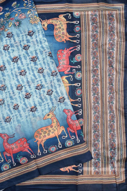 Light Blue Semi Chanderi Cotton Deer Forest Digital Print Saree