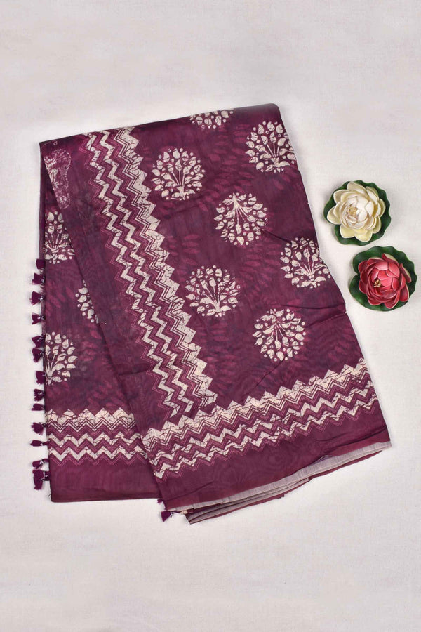 Dark Maroon Semi Chanderi Batik Style Flower Pots Printed with Butterfly pallu Saree