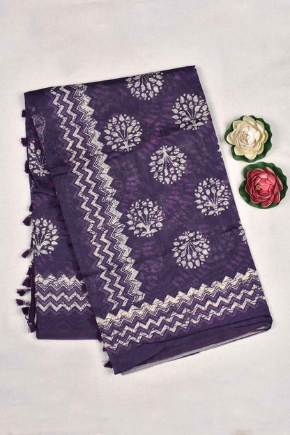 Dark Violet Semi Chanderi Batik Style Flower Pots Printed with Butterfly pallu Saree