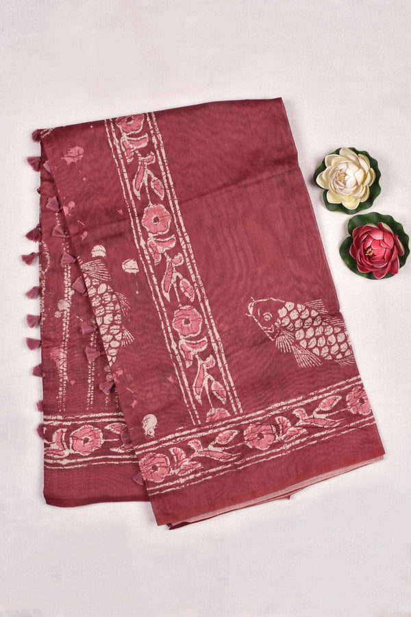 Dark Red Semi Chanderi Sea World Digital Printed Saree