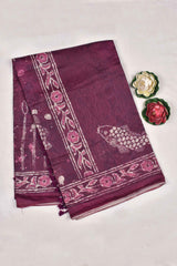 Dark Maroon Semi Chanderi Sea World Digital Printed Saree