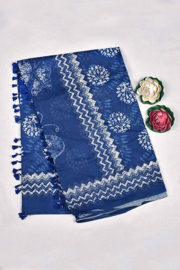 Dark Blue Semi Chanderi Batik Style Floral Pots with Butterfly pallu Saree