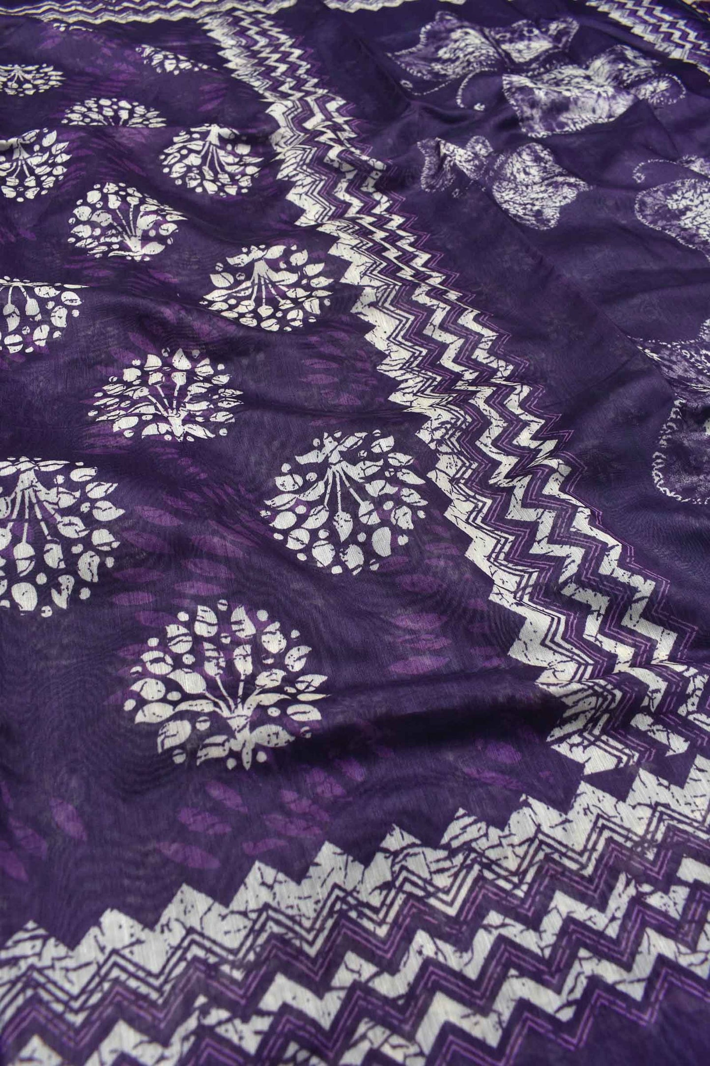 Dark Violet Semi Chanderi Batik Style Flower Pots Printed with Butterfly pallu Saree