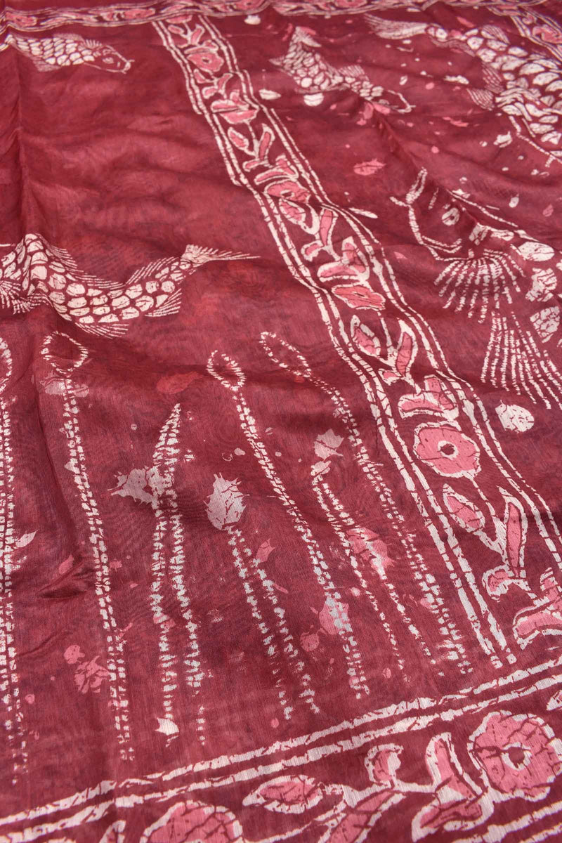 Dark Red Semi Chanderi Sea World Digital Printed Saree