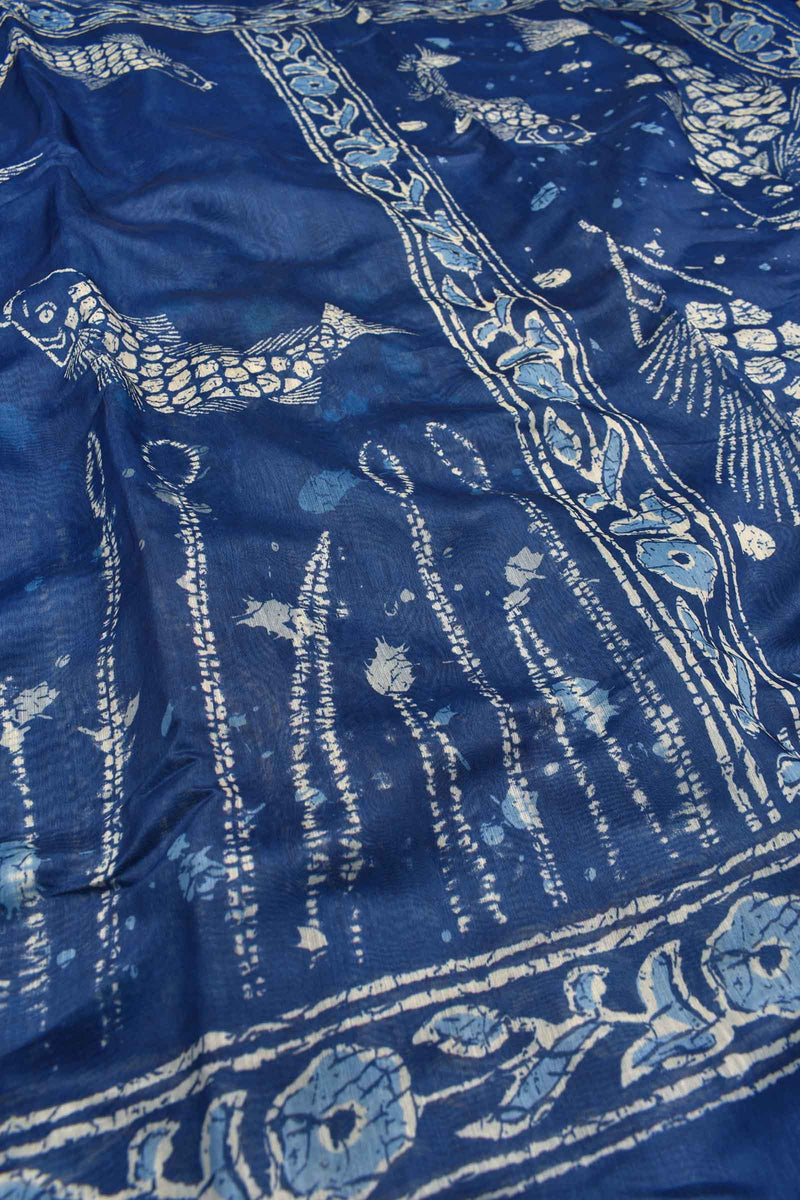 Dark Blue Semi Chanderi  Sea World Digital Printed Saree