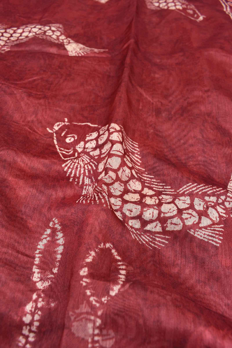 Dark Red Semi Chanderi Sea World Digital Printed Saree