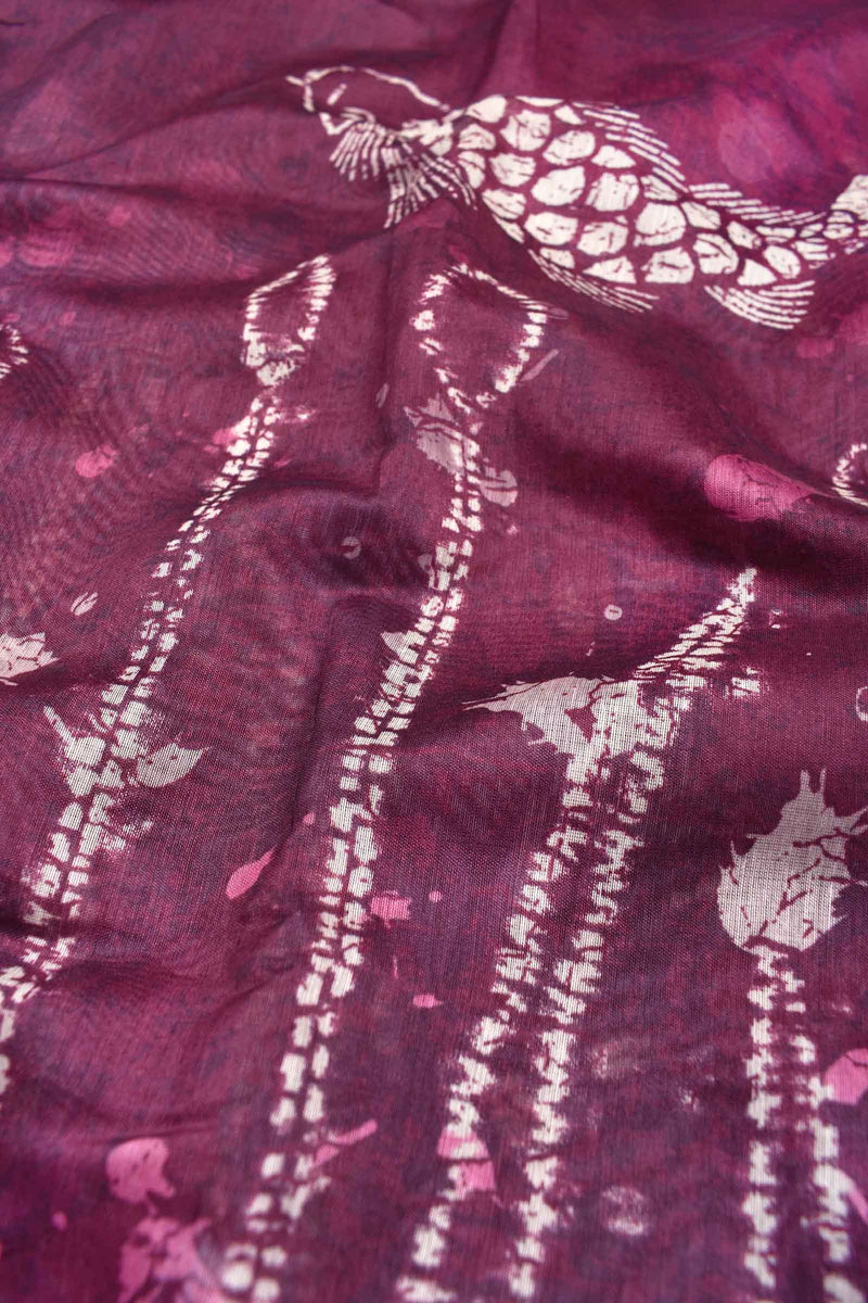 Dark Maroon Semi Chanderi Sea World Digital Printed Saree