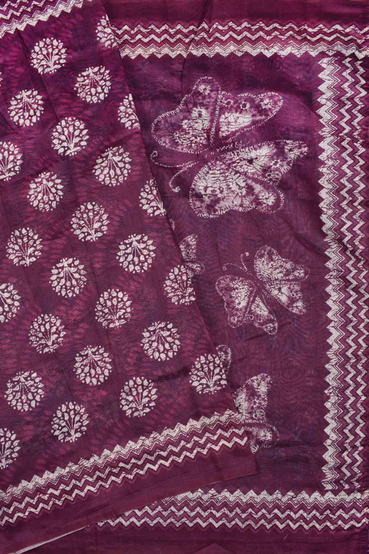 Dark Maroon Semi Chanderi Batik Style Flower Pots Printed with Butterfly pallu Saree