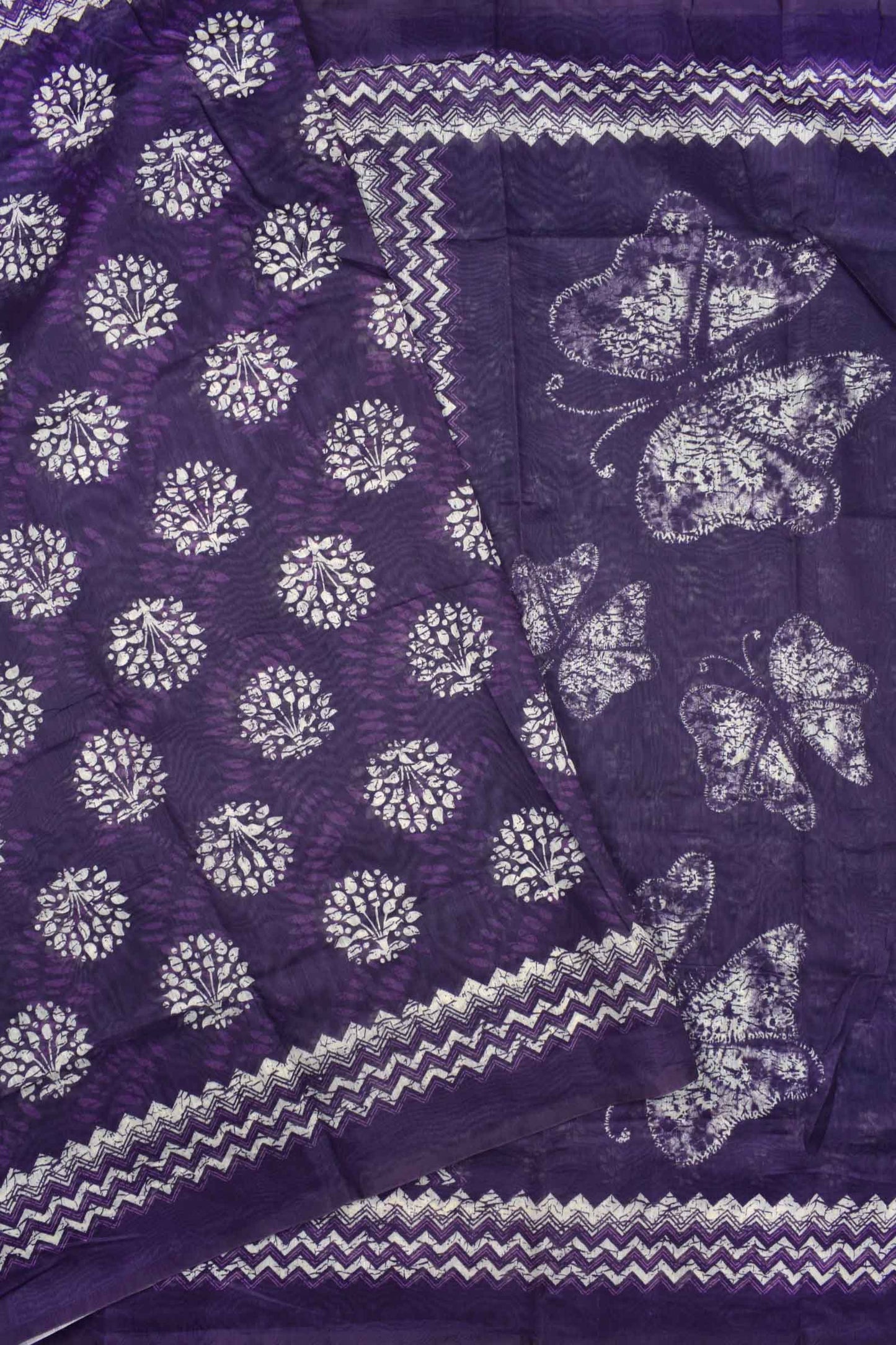 Dark Violet Semi Chanderi Batik Style Flower Pots Printed with Butterfly pallu Saree