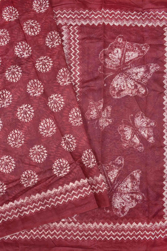 Dark Red Semi Chanderi Batik Style Flower Pots with Butterfly pallu Saree