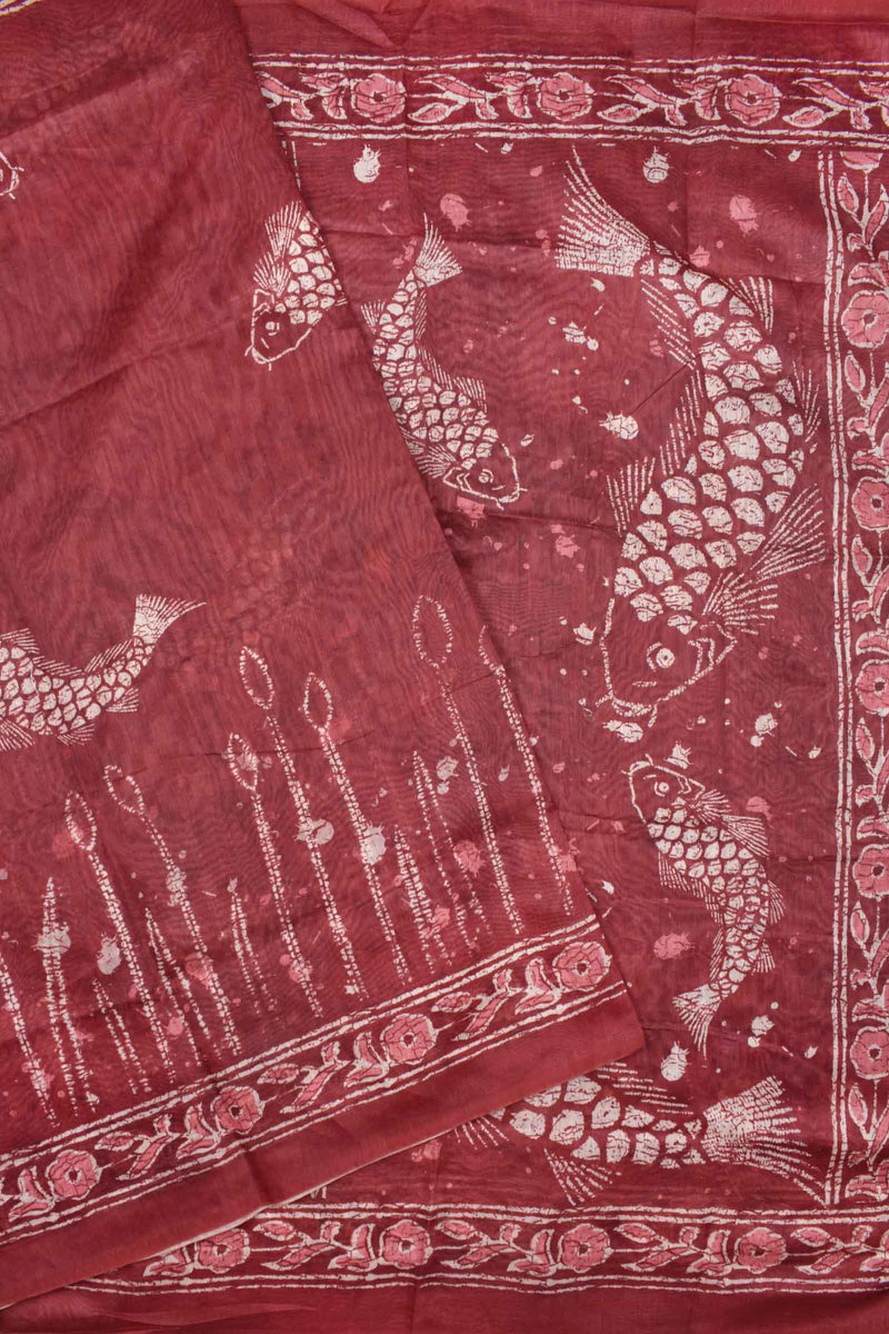 Dark Red Semi Chanderi Sea World Digital Printed Saree