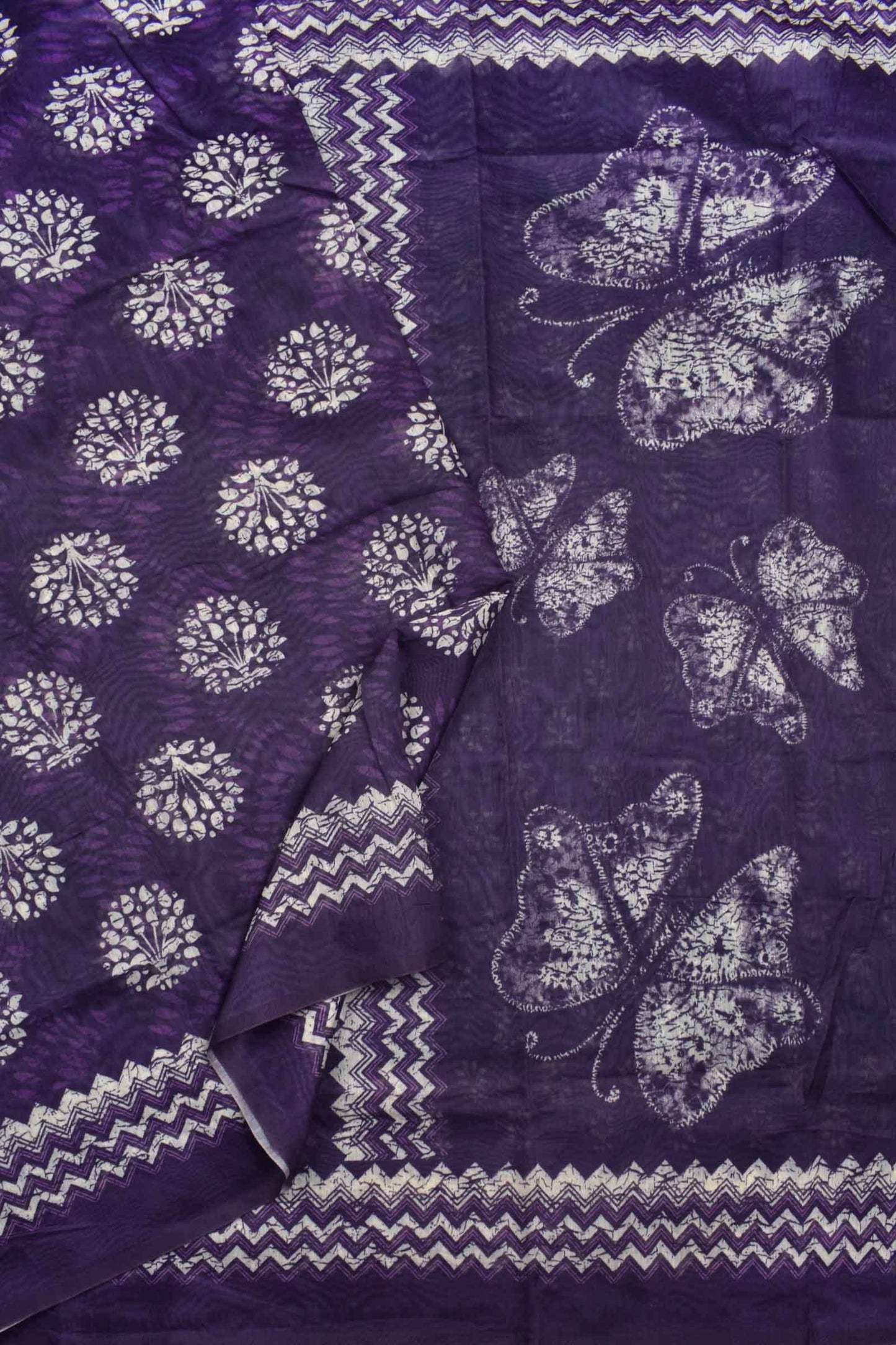 Dark Violet Semi Chanderi Batik Style Flower Pots Printed with Butterfly pallu Saree