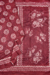 Dark Red Semi Chanderi Batik Style Flower Pots with Butterfly pallu Saree