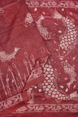 Dark Red Semi Chanderi Sea World Digital Printed Saree