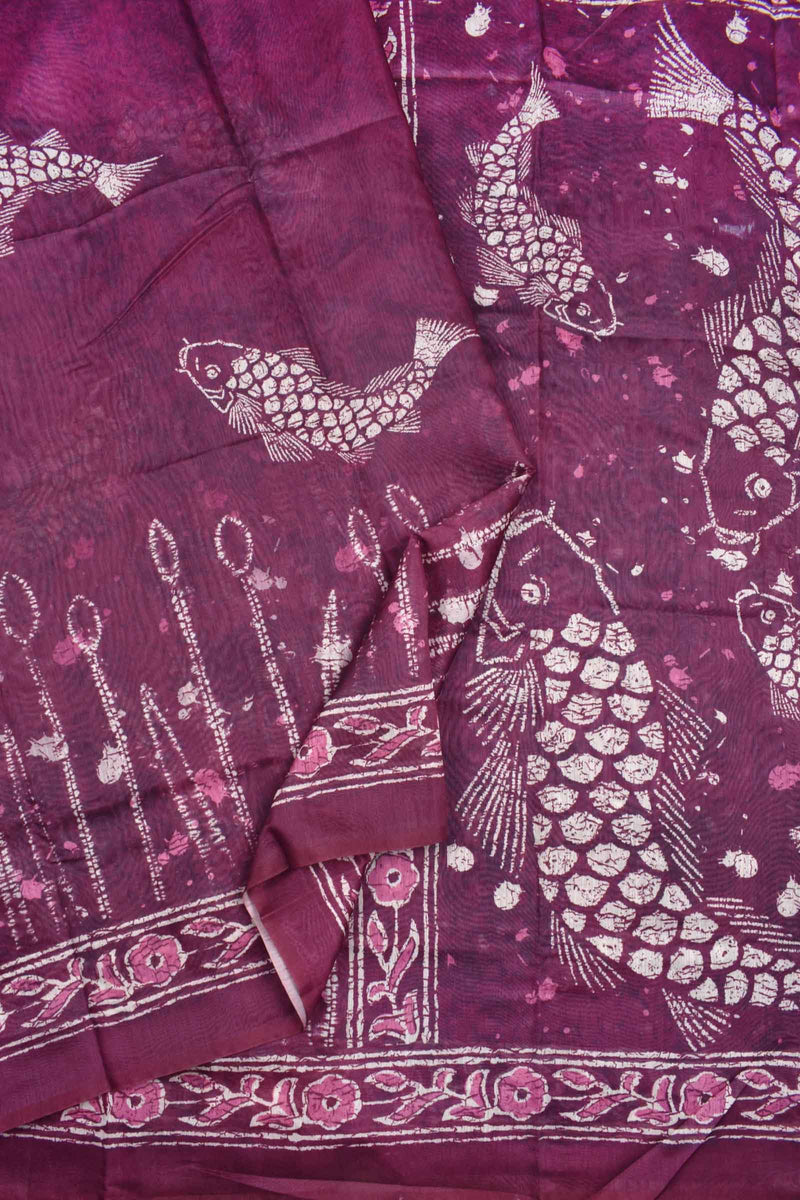 Dark Maroon Semi Chanderi Sea World Digital Printed Saree