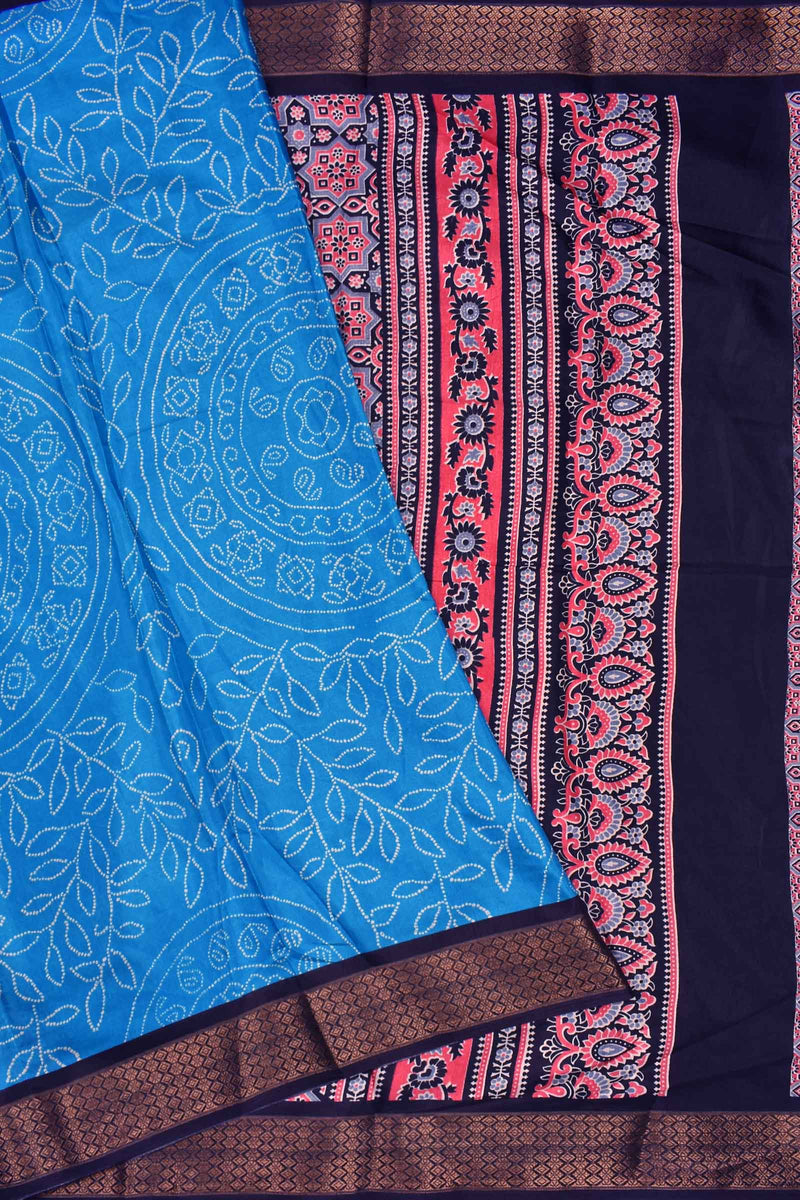 Sky Blue Semi Dola Rangoli Print Ajrakh Style Pallu Dobby Border Saree