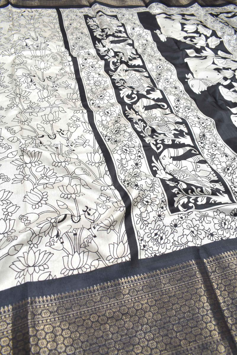 White With Black Semi Dola Pichwai Printed Black Border Saree