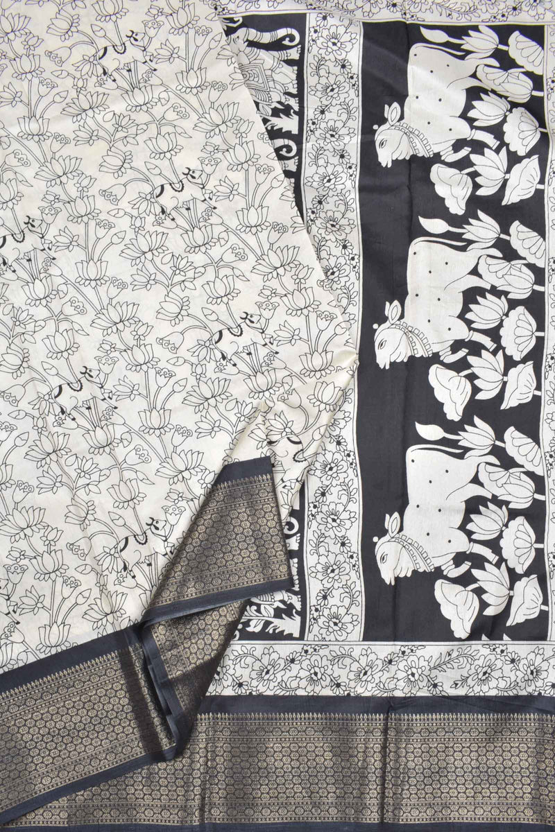 White With Black Semi Dola Pichwai Printed Black Border Saree