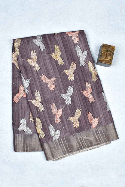 Dark Grey  Kotha Cotton All Over Bird Print Fancy Saree