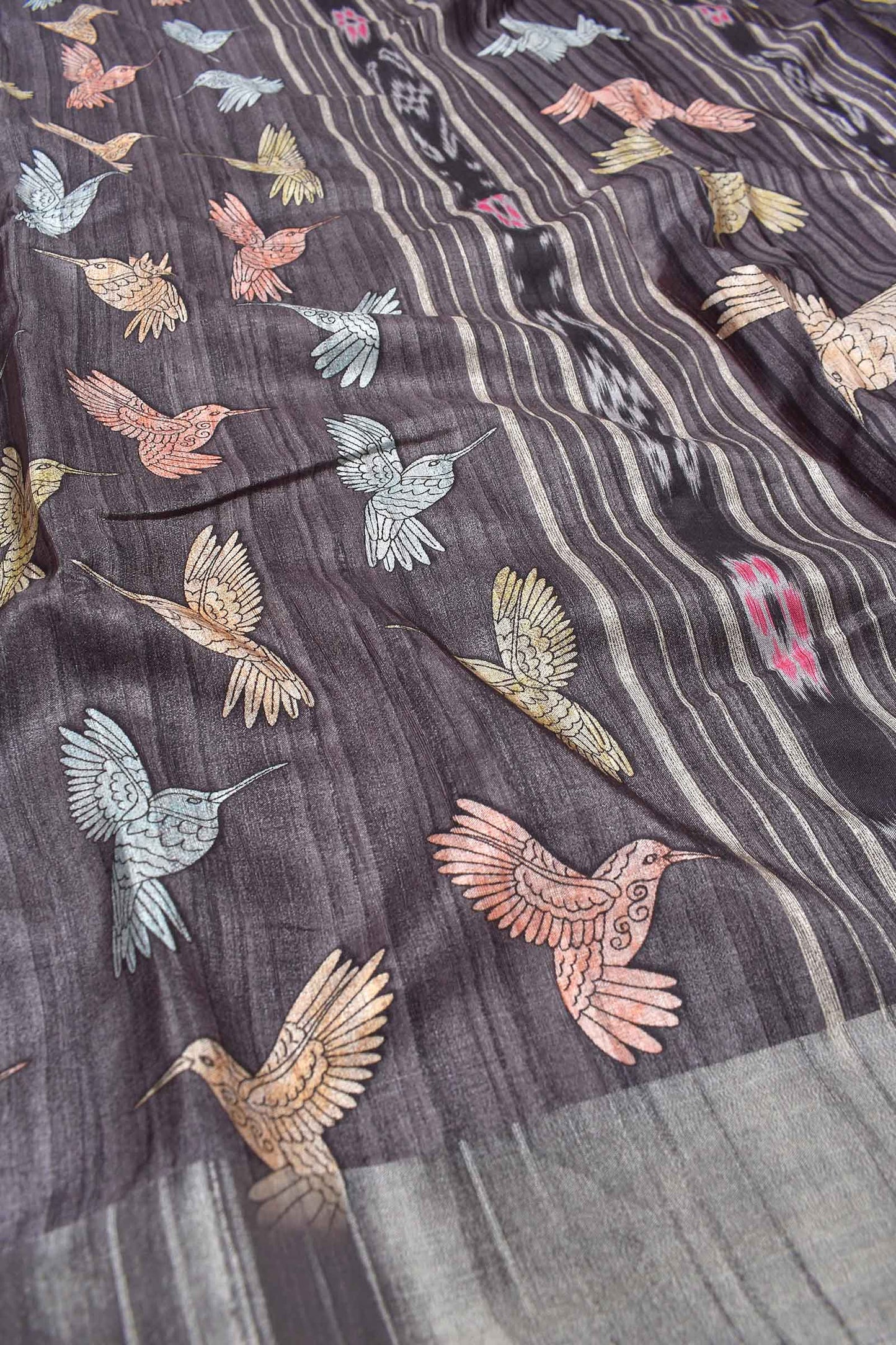 Dark Grey  Kotha Cotton All Over Bird Print Fancy Saree