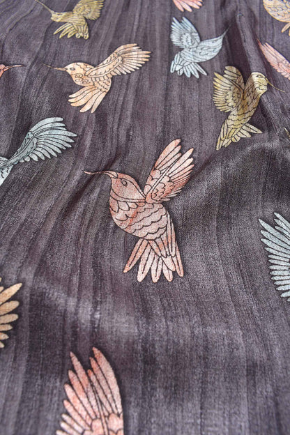 Dark Grey  Kotha Cotton All Over Bird Print Fancy Saree