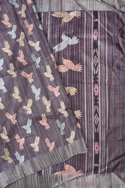 Dark Grey  Kotha Cotton All Over Bird Print Fancy Saree