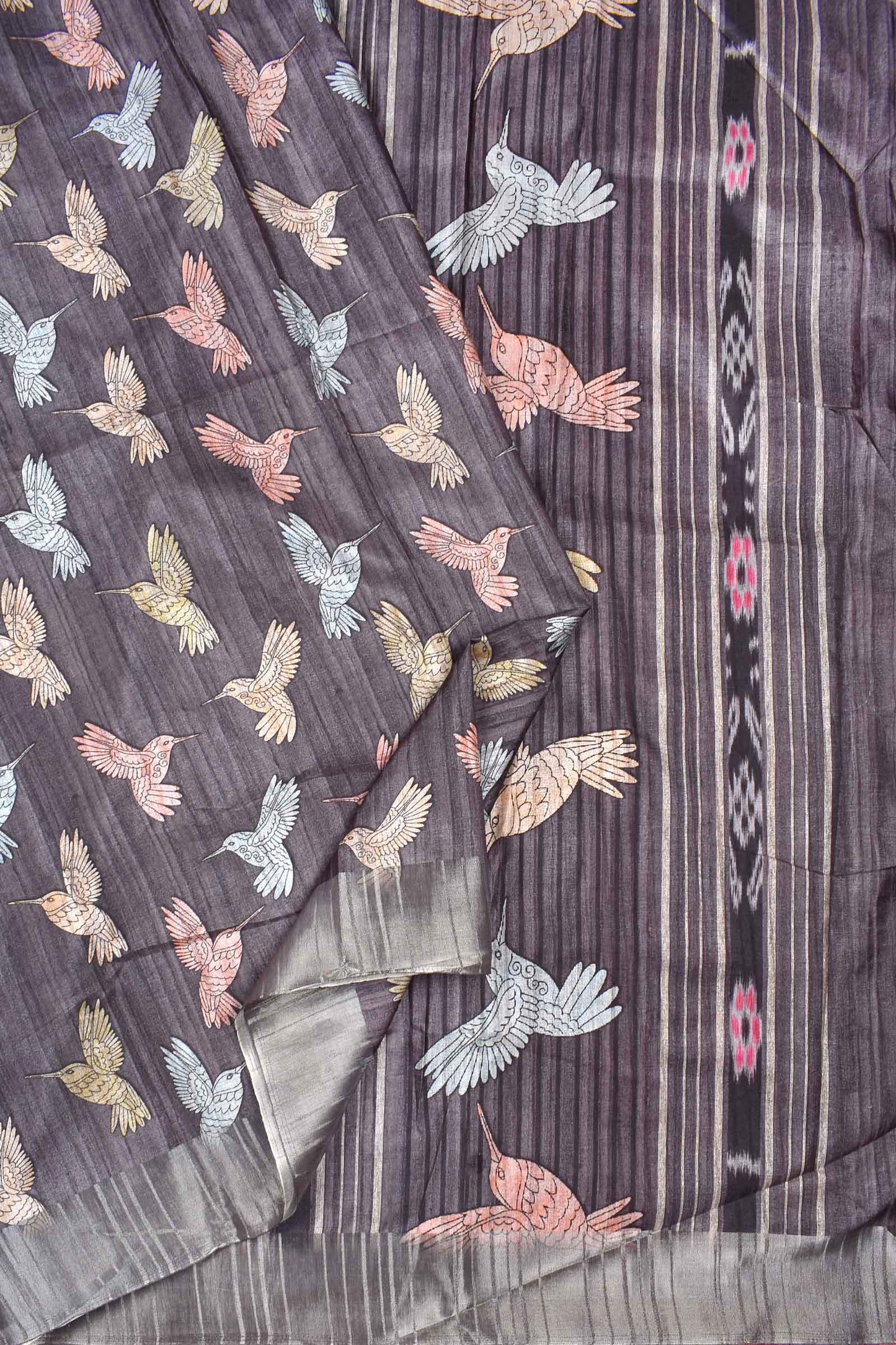 Dark Grey  Kotha Cotton All Over Bird Print Fancy Saree