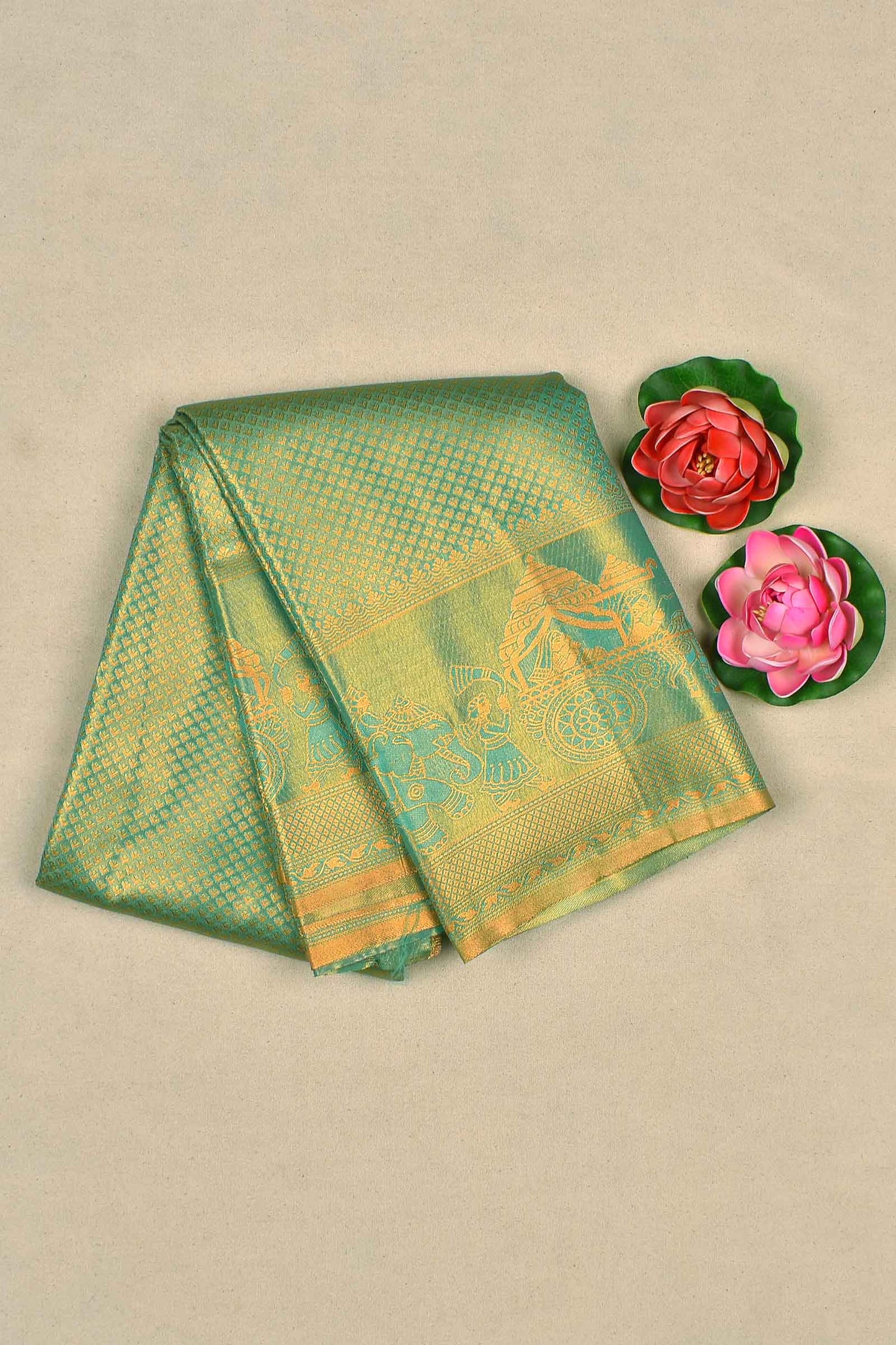 Green Semi Silk All Over Jacquard Royal Charriot Border Tissue Saree