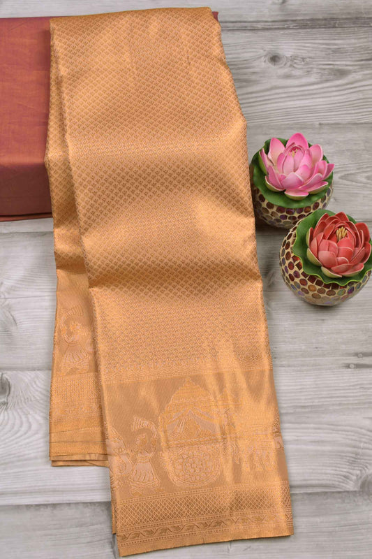 Dark Sandal With Gold Semi Silk All Over Self Design Royal Charriot Border  Tissue Saree