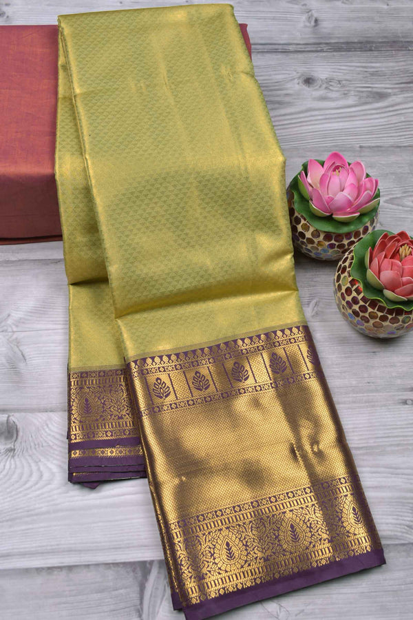 Light Green Semi Silk Contrast Grand Violet Zari Border Tissue Saree