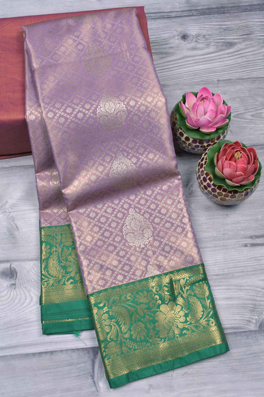 Light Violet With Silver Semi Silk Fancy Jacquard Contrast Green Border Tissue Saree