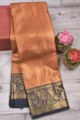 Pastel Red With Gold Semi Silk Checkered Butta Contrast Blue Border Tissue Saree