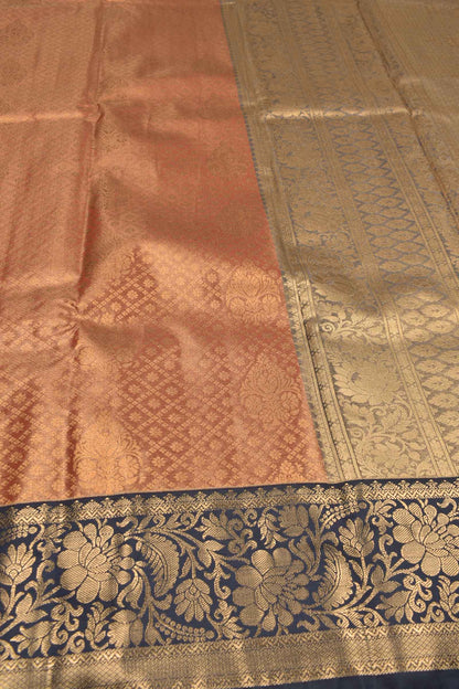 Pastel Red With Gold Semi Silk Checkered Butta Contrast Blue Border Tissue Saree