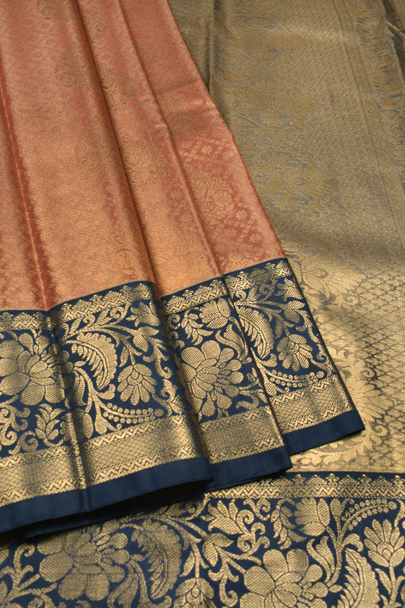 Pastel Red With Gold Semi Silk Checkered Butta Contrast Blue Border Tissue Saree