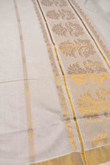 Off White Pure Kerala Cotton Zari Lines Butta Golden Zari Border Floral Tree Pallu Saree